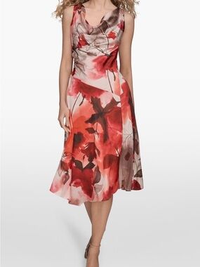 Donna Karan Red and Cream Floral Midi Dress